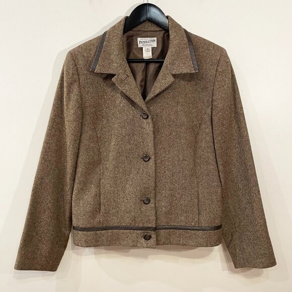 EUC VTG Pendleton 100% Wool Tweed Leather Trim Jacket Brown Medium fit - Picture 1 of 7